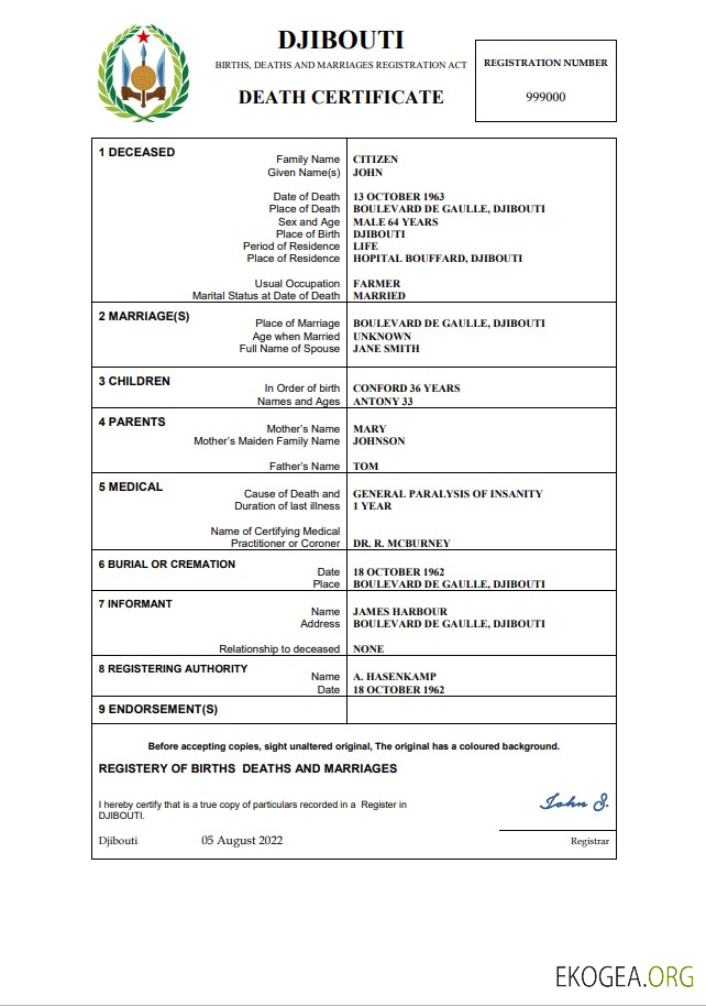 Modèle Word et PDF d'acte de décès de Djibouti